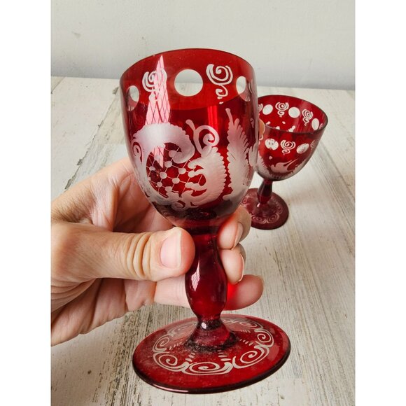 Egermann mini wine champagne Bohemian red glass cut bird cranberry ruby - Picture 3 of 7
